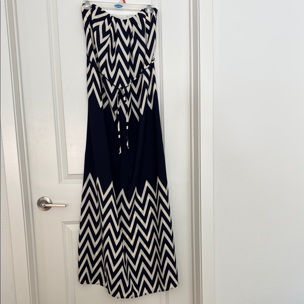 Strapless Chevron Maxi Dress in Navy and White